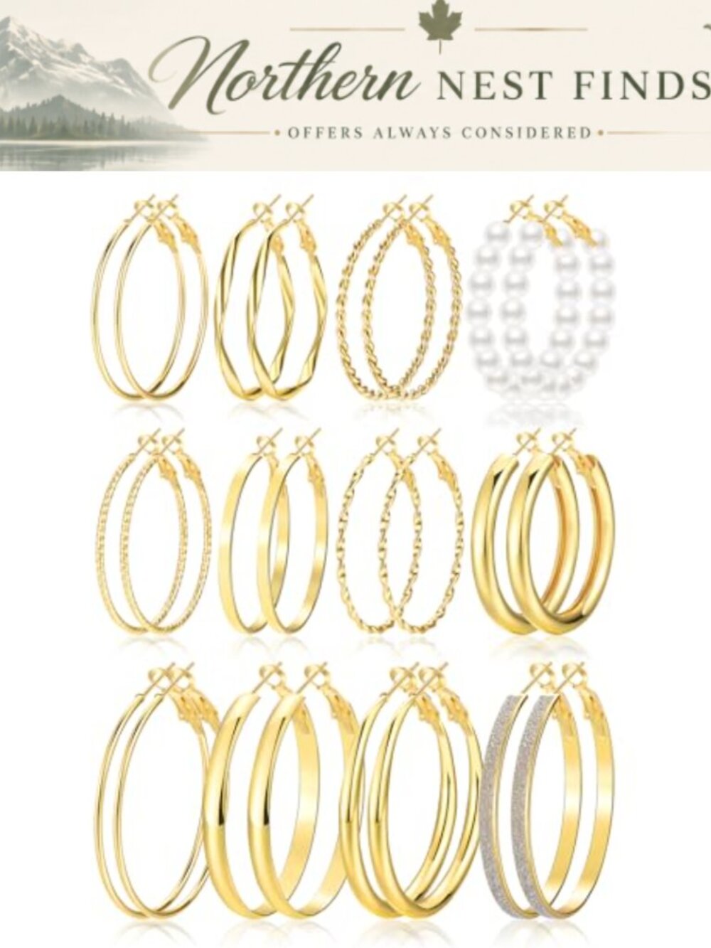 Hypoallergenic Gold Hoop Earrings Set 12 Pairs Large 40mm 50mm